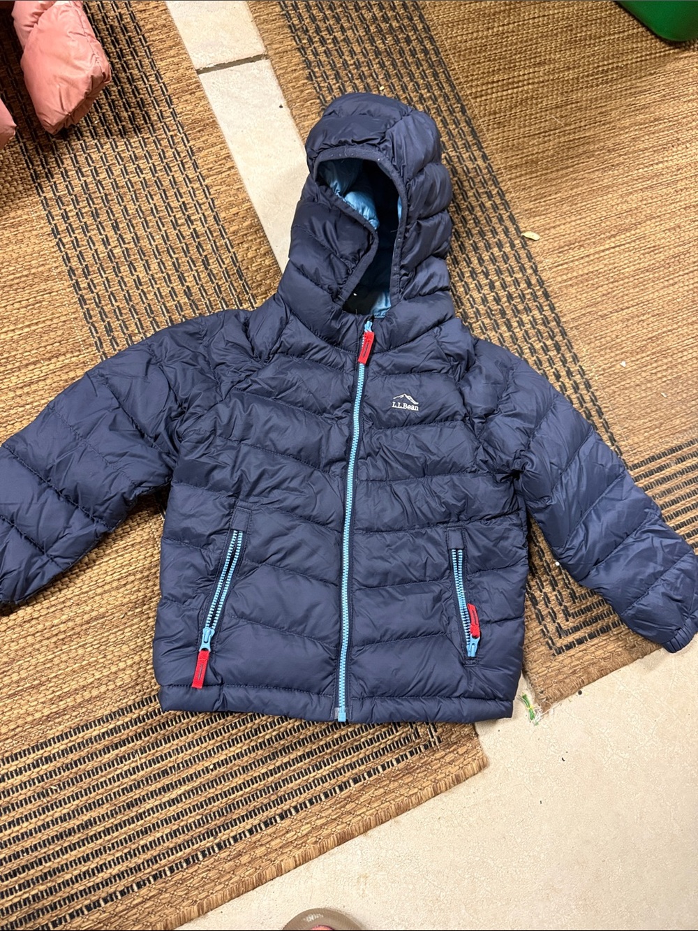 L.L. Bean Navy Puffer Jacket with Light Blue and Red Accents